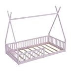 Lit cabane pour enfants, taille simple, avec sommier à lattes et barrières de protection, lit au sol en bois pour garçons et filles