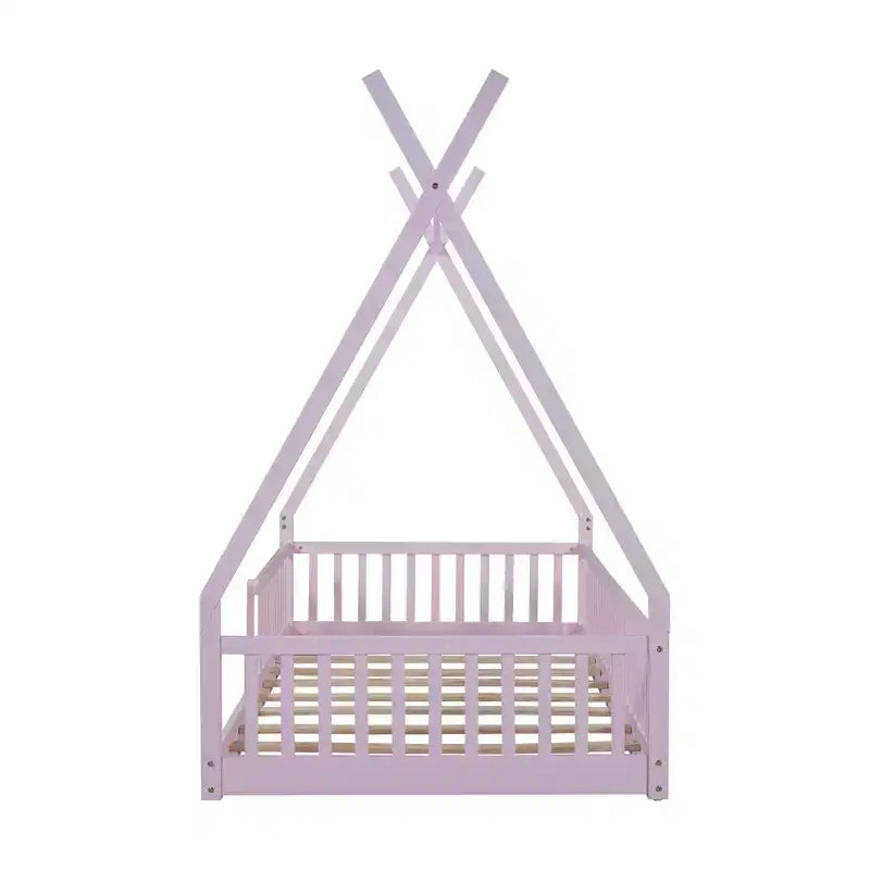 Twin Size Kids House Bed Frame with Slats and Fence Rails, Wood Floor Bed for Boys and Girls