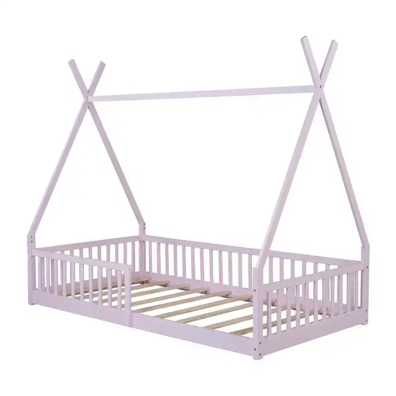 Twin Size Kids House Bed Frame with Slats and Fence Rails, Wood Floor Bed for Boys and Girls