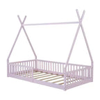Lit cabane pour enfants, taille simple, avec sommier à lattes et barrières de protection, lit au sol en bois pour garçons et filles