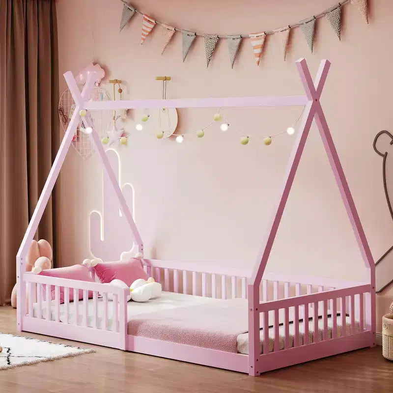 Floor Bed for Kids, Twin Size Tent Beds, Montessori Floor Bed with Slats and Fence Rails, Wood House Bed Frame for Boys Girls