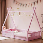 Floor Bed for Kids, Twin Size Tent Beds, Montessori Floor Bed with Slats and Fence Rails, Wood House Bed Frame for Boys Girls