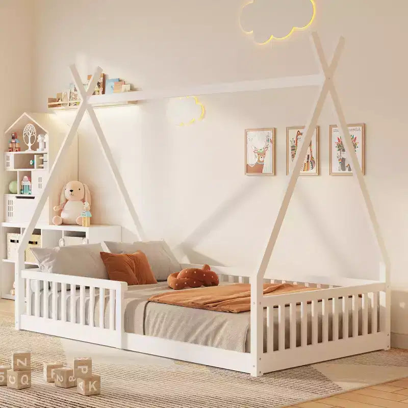 Twin Size Kids House Bed Frame with Slats and Fence Rails, Wood Floor Bed for Boys and Girls