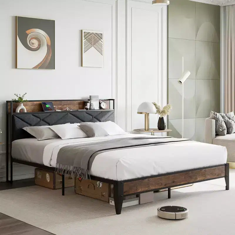 King Size Metal Platform Bed Frame with Headboard and Footboard, 11 Underbed Storage, Easy Assembly, No Box Spring Required, No Noise, Gray