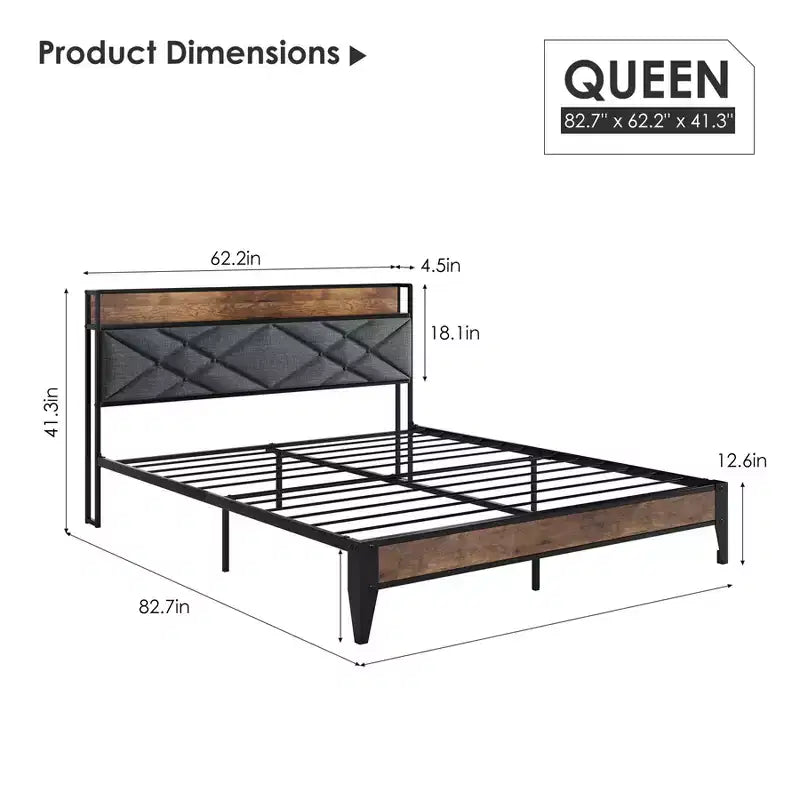 King Size Metal Platform Bed Frame with Headboard & Footboard | 11" Underbed Storage | No Box Spring | Gray
