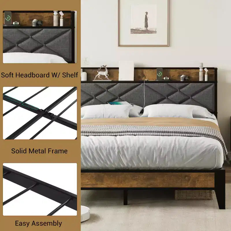King Size Metal Platform Bed Frame with Headboard & Footboard | 11" Underbed Storage | No Box Spring | Gray