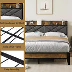 Cadre de lit plateforme en métal King Size avec tête et pied de lit | Rangement sous le lit de 28 cm | Pas besoin de sommier | Gris
