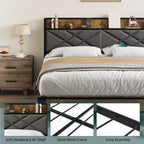 Cadre de lit plateforme en métal King Size avec tête et pied de lit | Rangement sous le lit de 28 cm | Pas besoin de sommier | Gris