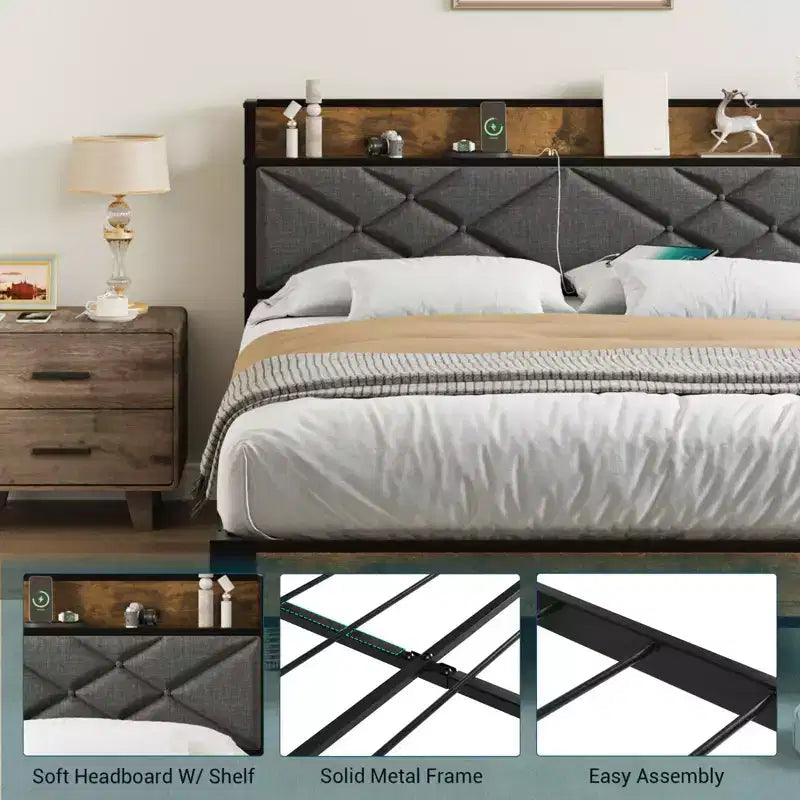 King Size Metal Platform Bed Frame with Headboard & Footboard | 11" Underbed Storage | No Box Spring | Gray