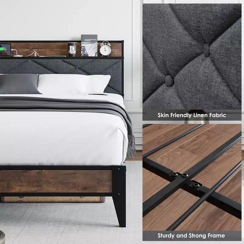 King Size Metal Platform Bed Frame with Headboard & Footboard | 11" Underbed Storage | No Box Spring | Gray