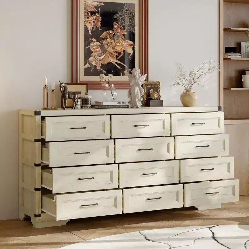 Famapy Vintage Industrial Dresser Vanity,12-Drawer Chest with Metal Corner Accents & Spacious Top,Multi-Space Storage for Bedroom,Living Room,Entryway