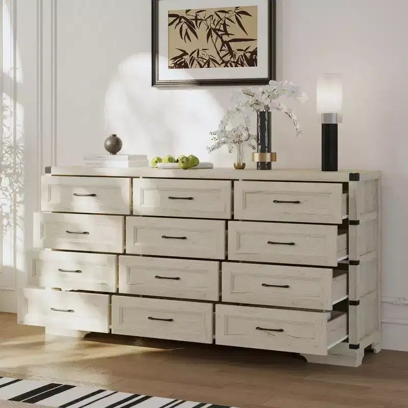 Vintage Industrial 12-Drawer Dresser with Metal Corner Accents & Spacious Top – Bedroom & Living Room Storage
