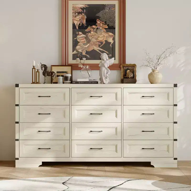 Vintage Industrial 12-Drawer Dresser with Metal Corner Accents & Spacious Top – Bedroom & Living Room Storage