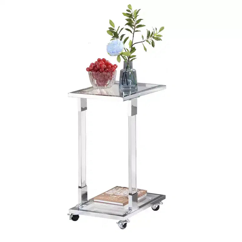 Modern Glass Side Table with Acrylic Legs, C-Shape with Chrome Metal Base