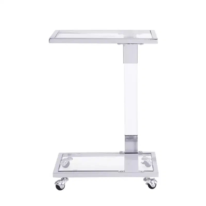 Modern Glass Side Table with Acrylic Legs, C-Shape with Chrome Metal Base