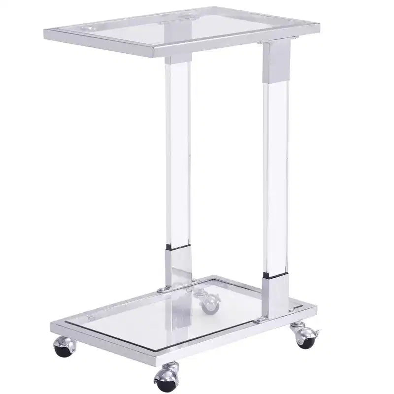 Modern Glass Side Table with Acrylic Legs, C-Shape with Chrome Metal Base