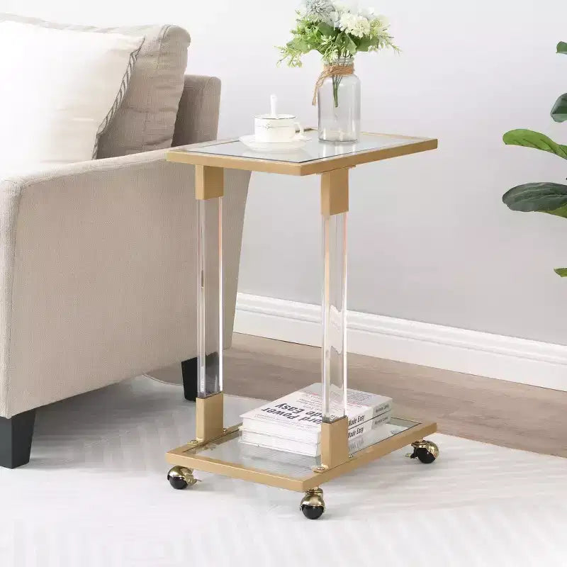 Modern Glass Side Table with Acrylic Legs, C-Shape with Chrome Metal Base