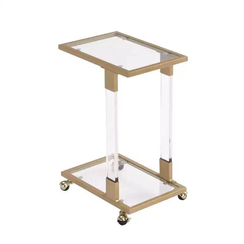 Modern Glass Side Table with Acrylic Legs, C-Shape with Chrome Metal Base