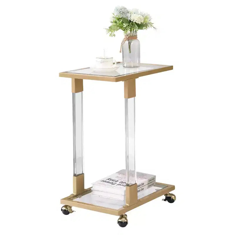 Modern Glass Side Table with Acrylic Legs, C-Shape with Chrome Metal Base