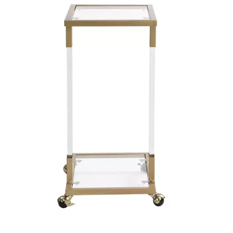 Modern Glass Side Table with Acrylic Legs, C-Shape with Chrome Metal Base
