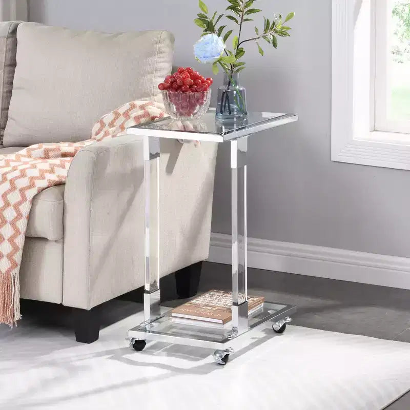 Modern Glass Side Table with Acrylic Legs, C-Shape with Chrome Metal Base