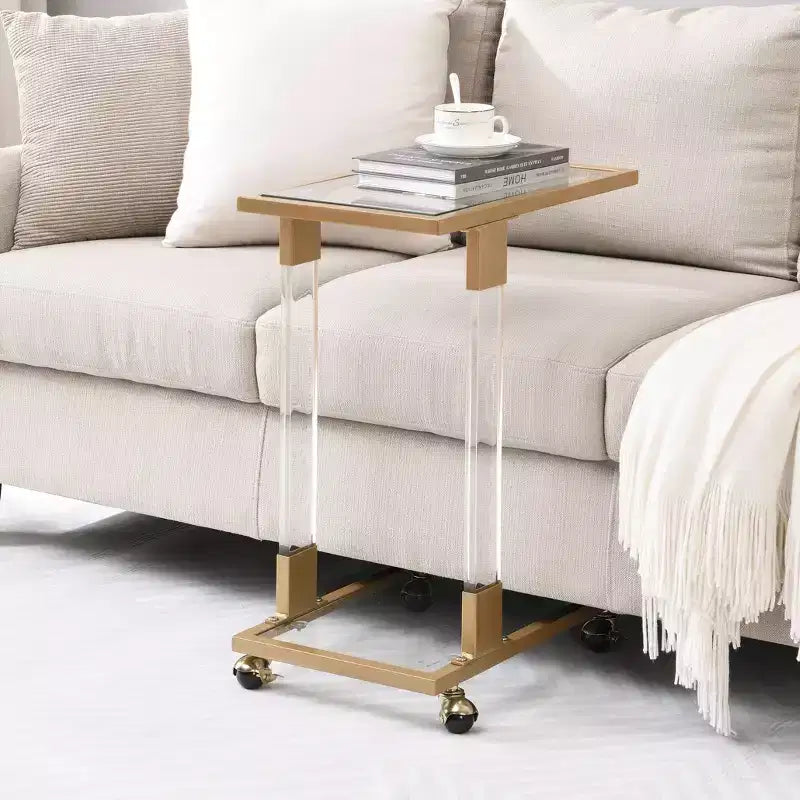 Modern Glass Side Table with Acrylic Legs, C-Shape with Chrome Metal Base