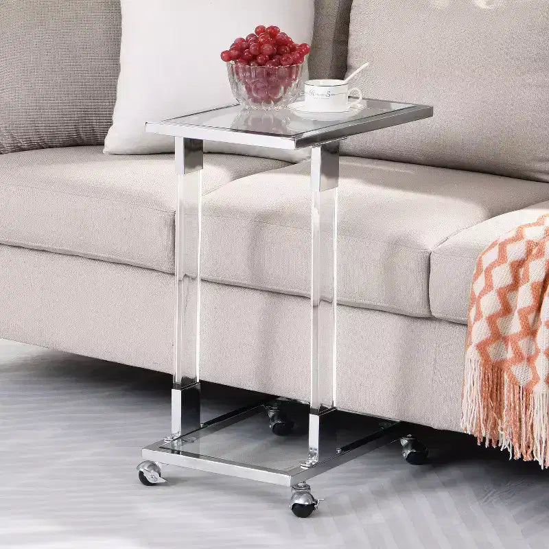 Okak Modern Glass Side Table with Acrylic Legs, C-Shape Table with Chrome Metal Base, Tray Tables for Living Room, Bedroom, Balcony