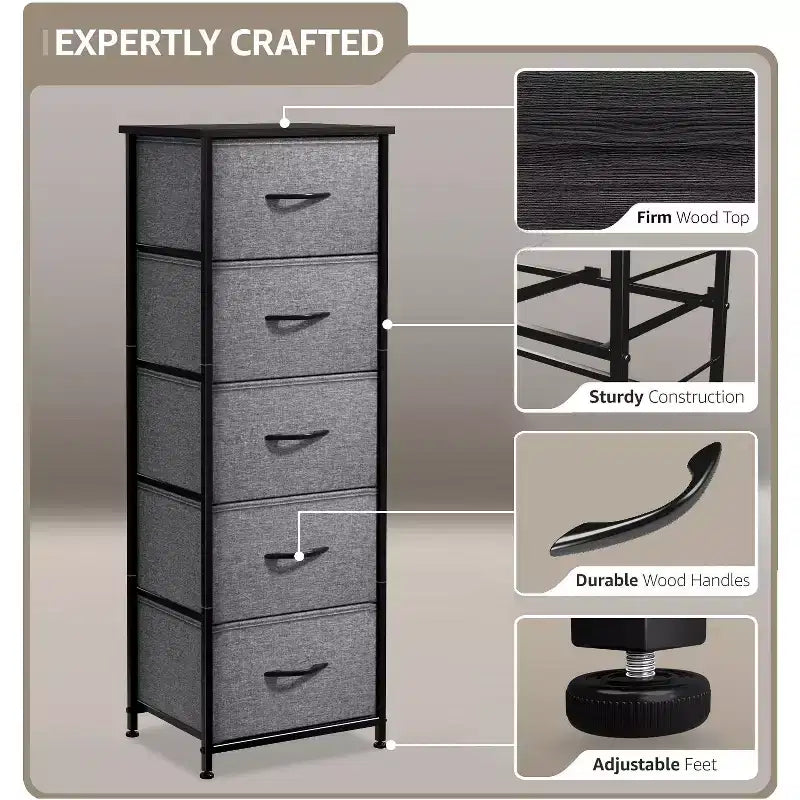 Narrow 5-Drawer Nightstand with Steel Frame & Wood Top