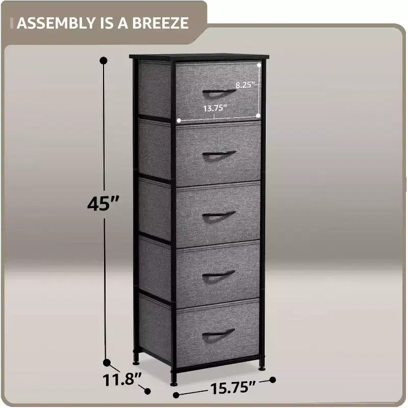 Narrow 5-Drawer Nightstand with Steel Frame & Wood Top