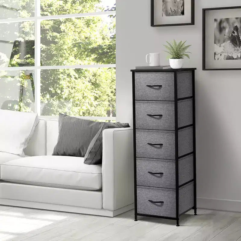 Narrow 5-Drawer Nightstand with Steel Frame & Wood Top