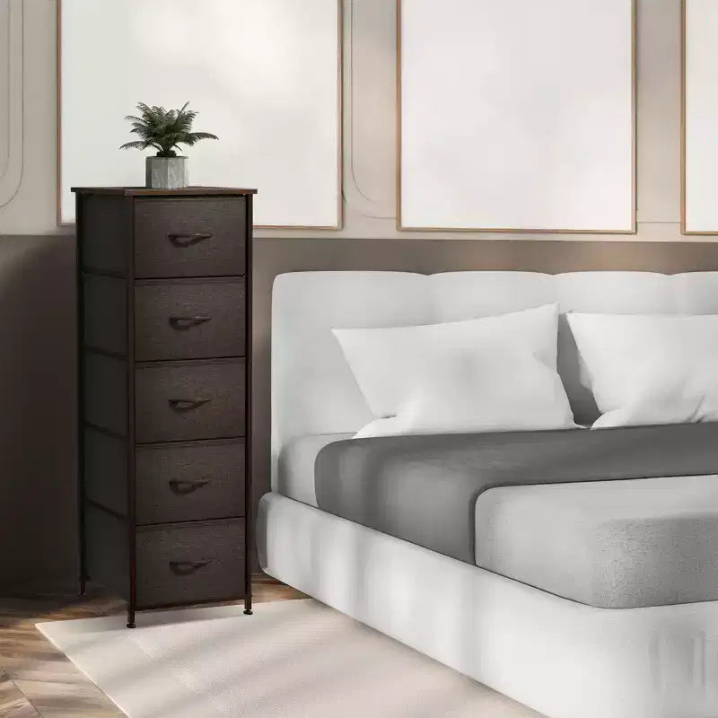 Narrow 5-Drawer Nightstand with Steel Frame & Wood Top