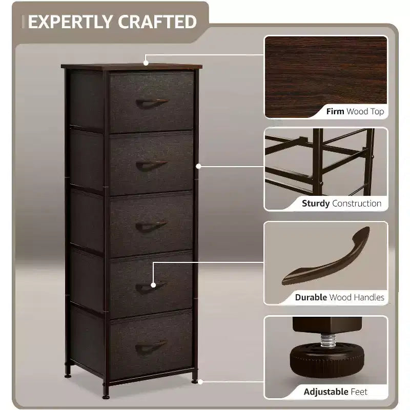 Narrow 5-Drawer Nightstand with Steel Frame & Wood Top