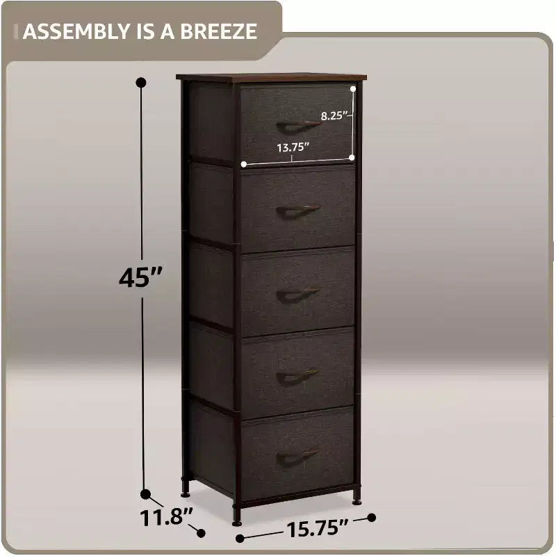 Narrow 5-Drawer Nightstand with Steel Frame & Wood Top