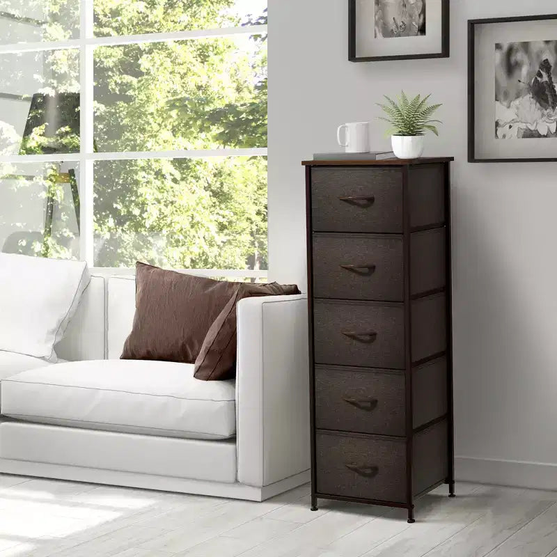 Narrow 5-Drawer Nightstand with Steel Frame & Wood Top