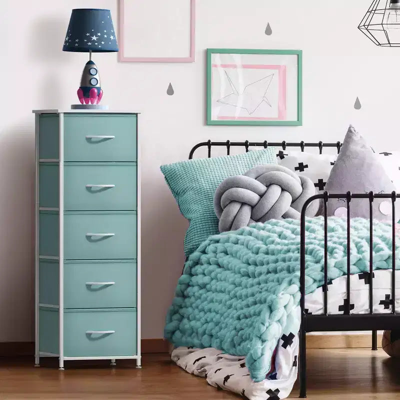 Narrow 5-Drawer Nightstand with Steel Frame & Wood Top