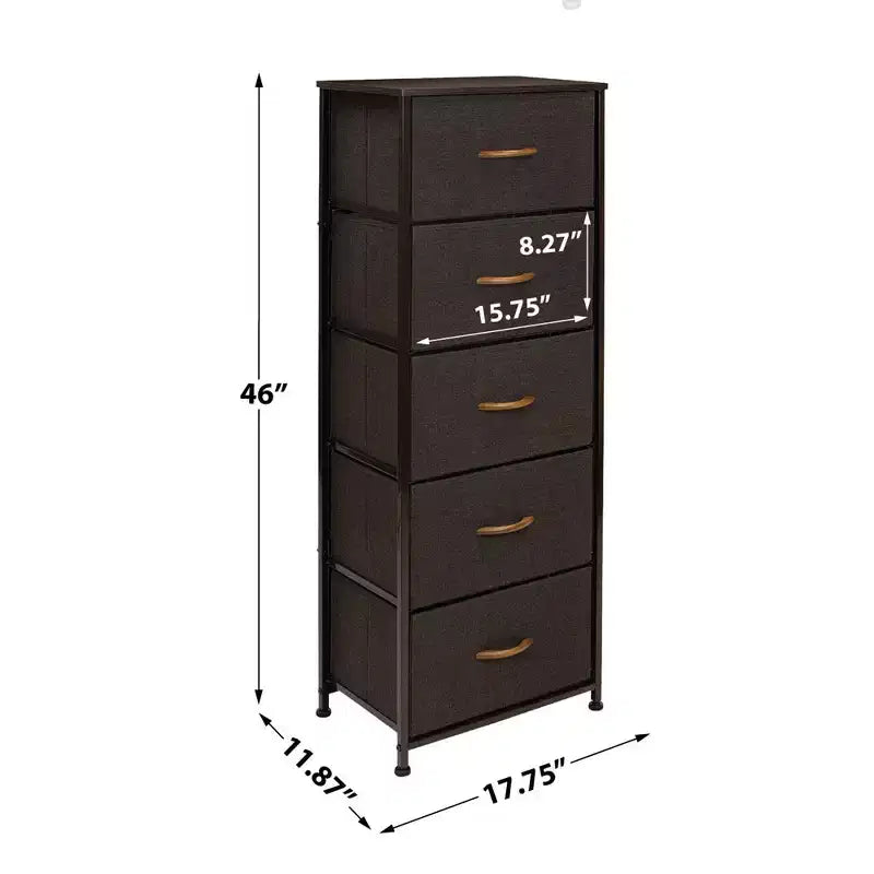Narrow 5-Drawer Nightstand with Steel Frame & Wood Top