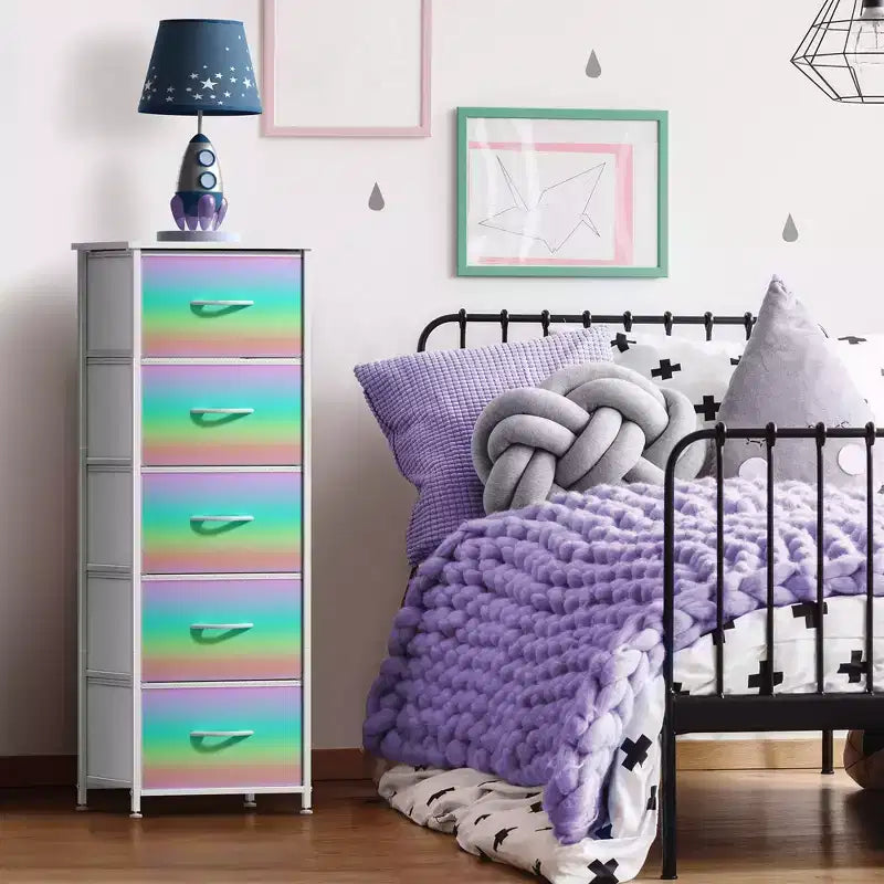 Narrow 5-Drawer Nightstand with Steel Frame & Wood Top