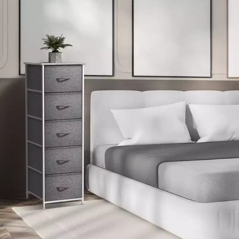 Narrow 5-Drawer Nightstand with Steel Frame & Wood Top