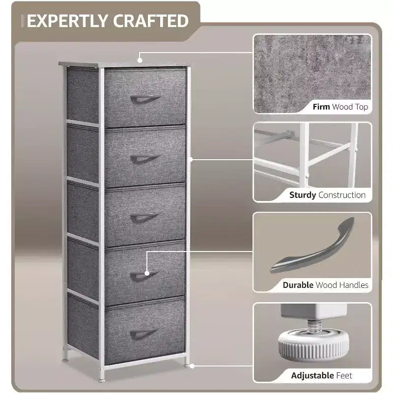 Narrow 5-Drawer Nightstand with Steel Frame & Wood Top