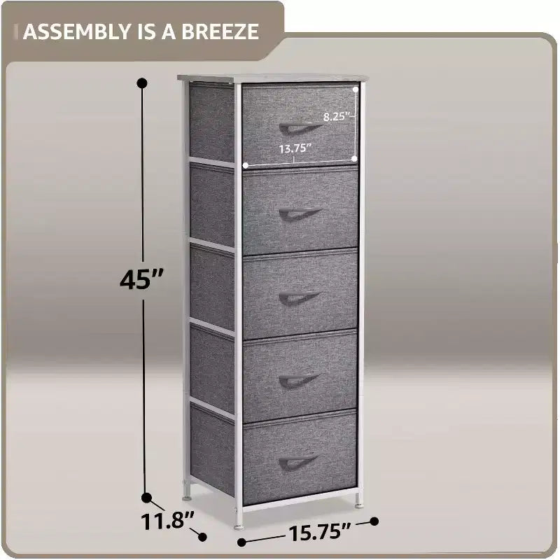 Narrow 5-Drawer Nightstand with Steel Frame & Wood Top