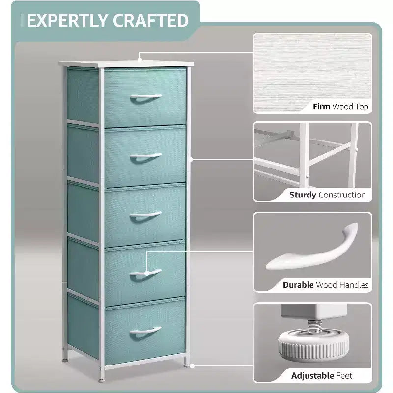 Narrow 5-Drawer Nightstand with Steel Frame & Wood Top