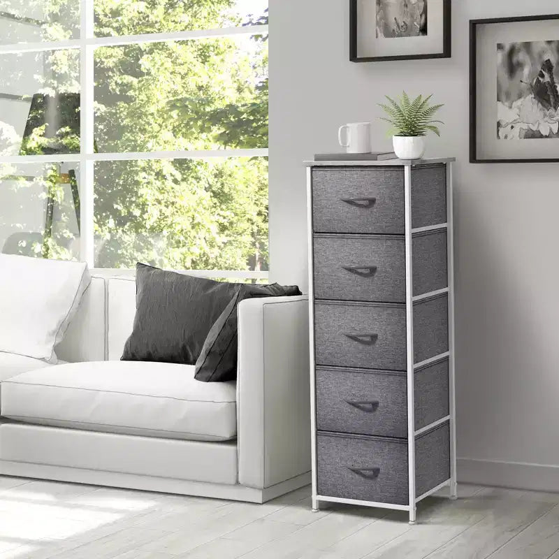 Narrow 5-Drawer Nightstand with Steel Frame & Wood Top