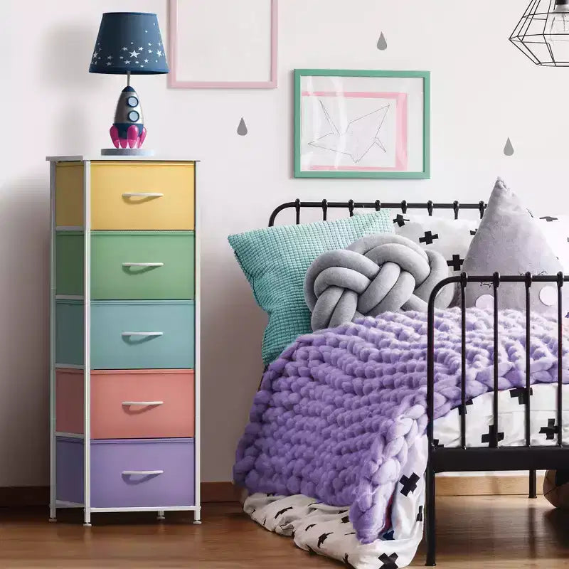 Narrow 5-Drawer Nightstand with Steel Frame & Wood Top