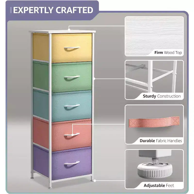 Narrow 5-Drawer Nightstand with Steel Frame & Wood Top