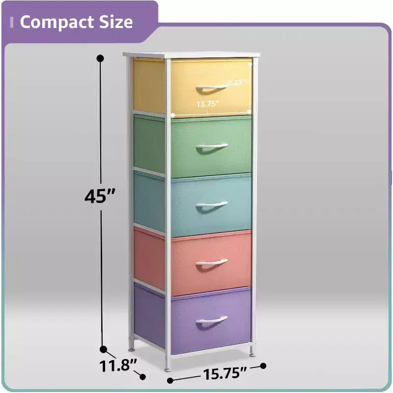 Narrow 5-Drawer Nightstand with Steel Frame & Wood Top