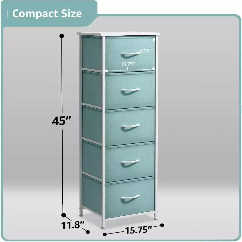 Narrow 5-Drawer Nightstand with Steel Frame & Wood Top