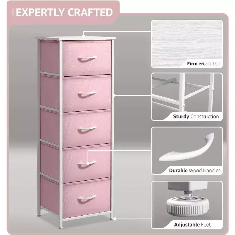 Narrow 5-Drawer Nightstand with Steel Frame & Wood Top