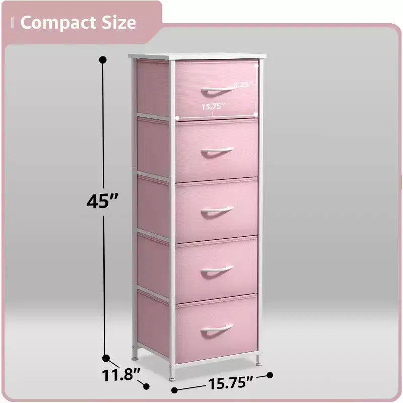 Narrow 5-Drawer Nightstand with Steel Frame & Wood Top