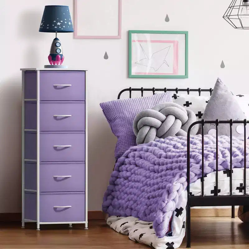 Narrow 5-Drawer Nightstand with Steel Frame & Wood Top