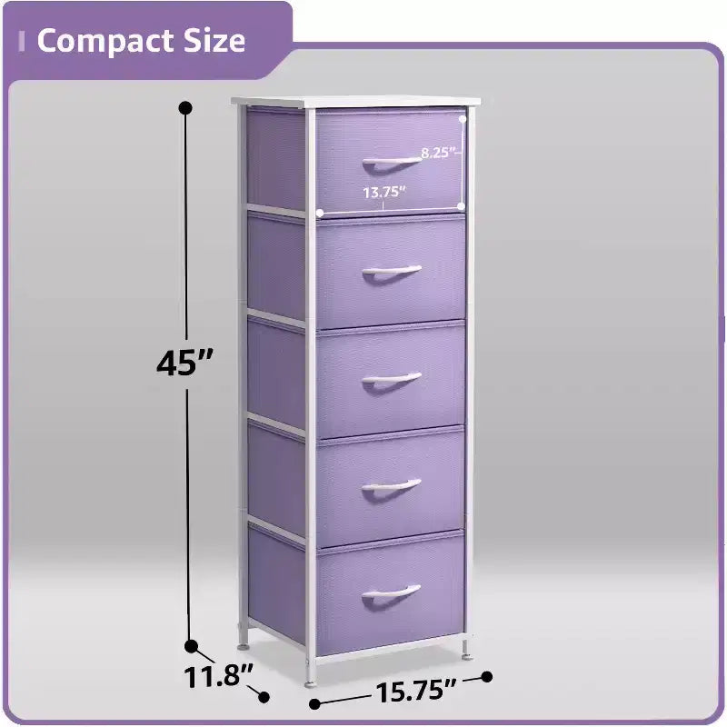 Narrow 5-Drawer Nightstand with Steel Frame & Wood Top